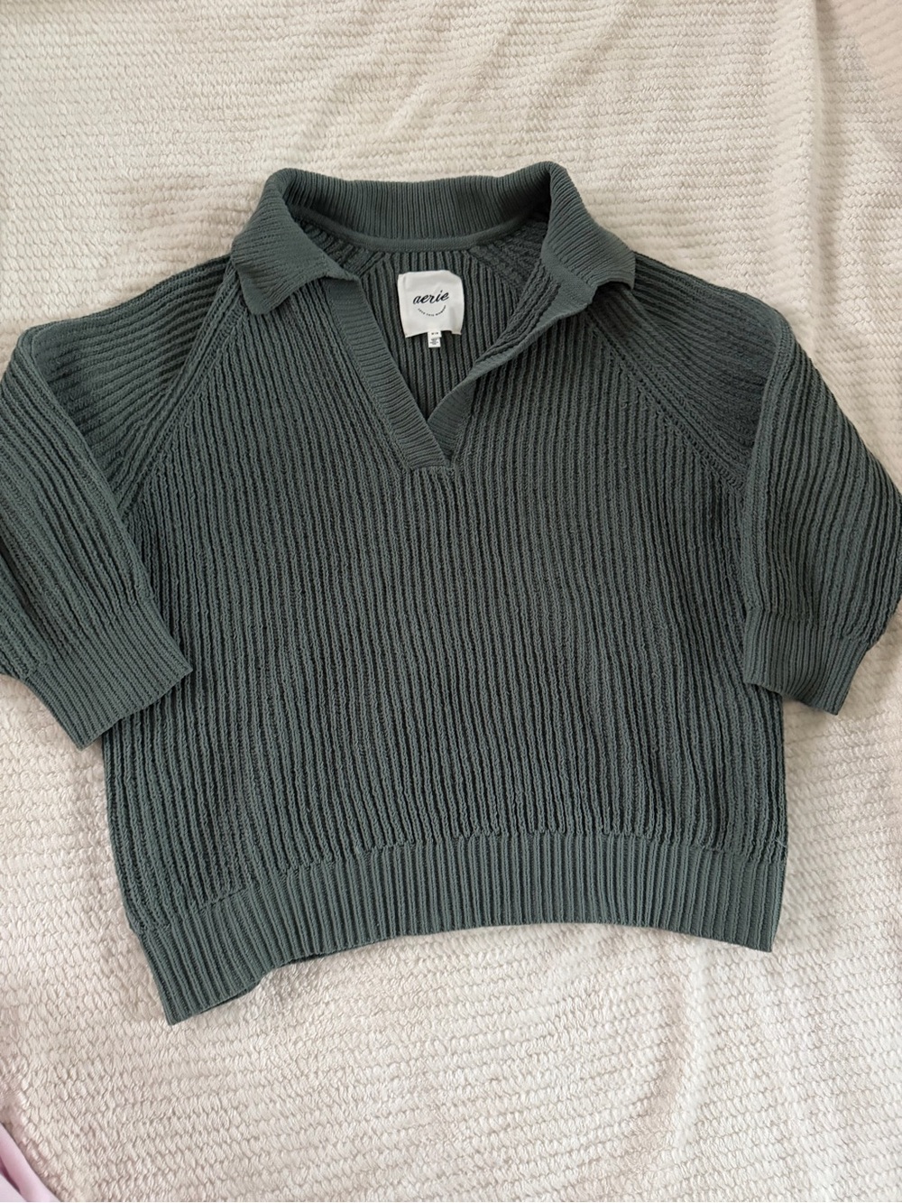 aerie Forest Green Ribbed Collared V-Neck Sweater